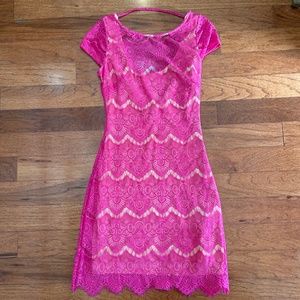 Bebe Pink Open Back Lace Dress